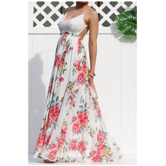 Dresses & Skirts - Floral Crochet Lace Open Back Boho Maxi Dress